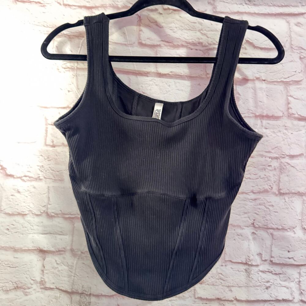 PINK black ribbed corset-style with square neckline and structured seaming SZ L
